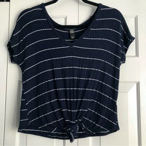 Navy Blue & White Striped Front Knot Shirt